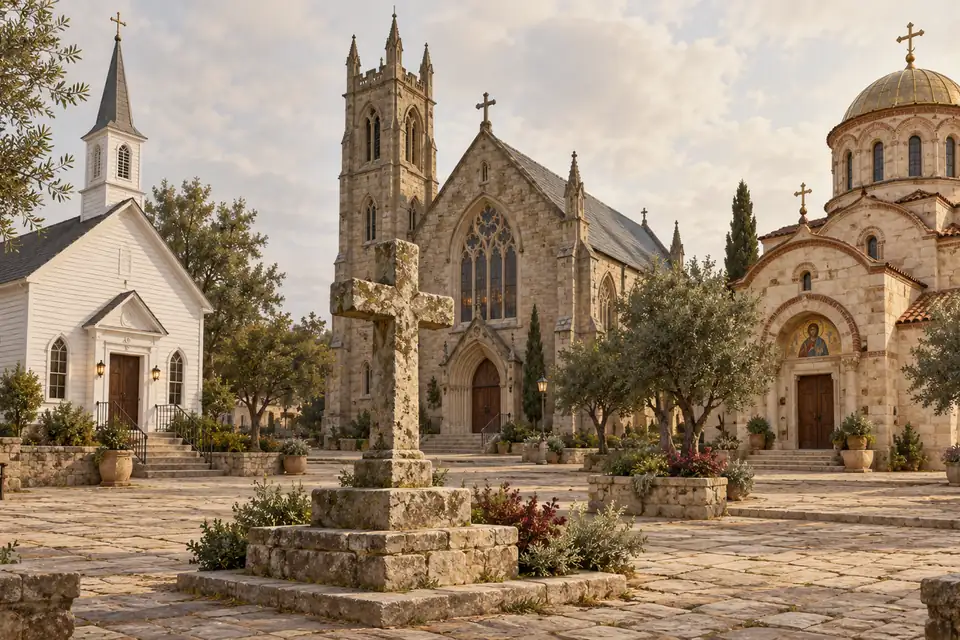 A stone cross in a village square surrounded by three churches with distinct Christian architectural styles.